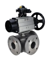 Кран шаровой DN.ru BV3232P(4pc)-FP-3WL-F Ду100 Ру16 полнопроходной трехходовой, фланцевый, корпус - нержавеющая сталь SS316, с пневмоприводом DN.ru PA-DA-105-1 двойного действия и БКВ APL-210N