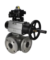 Кран шаровой DN.ru BV3232P(4pc)-FP-3WL-F Ду100 Ру16 полнопроходной трехходовой, фланцевый, корпус - нержавеющая сталь SS316, с пневмоприводом DN.ru PA-DA-105-1 двойного действия и БКВ APL-410N EX