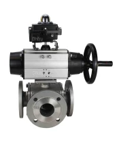 Кран шаровой DN.ru BV3232P(4pc)-FP-3WL-F Ду100 Ру16 полнопроходной трехходовой, фланцевый, корпус - нержавеющая сталь SS316, с пневмоприводом DN.ru PA-DA-105-1 двойного действия и БКВ APL-410N EX