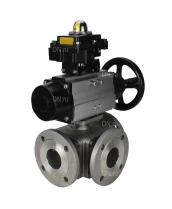 Кран шаровой DN.ru BV3232P(4pc)-FP-3WL-F Ду100 Ру16 полнопроходной трехходовой, фланцевый, корпус - нержавеющая сталь SS316, с пневмоприводом DN.ru PA-DA-105-1 двойного действия и БКВ APL-410N EX