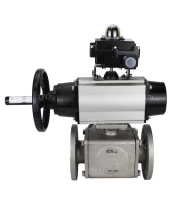 Кран шаровой DN.ru BV3232P(4pc)-FP-3WL-F Ду100 Ру16 полнопроходной трехходовой, фланцевый, корпус - нержавеющая сталь SS316, с пневмоприводом DN.ru PA-DA-105-1 двойного действия и БКВ APL-410N EX