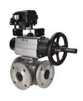 Кран шаровой DN.ru BV3232P(4pc)-FP-3WL-F Ду100 Ру16 полнопроходной трехходовой, фланцевый, корпус - нержавеющая сталь SS316, с пневмоприводом DN.ru PA-DA-105-1 двойного действия и пневмопозиционером YT-1000RSN без обратной связи