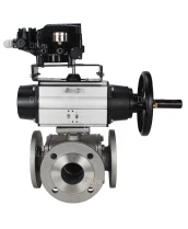 Кран шаровой DN.ru BV3232P(4pc)-FP-3WL-F Ду100 Ру16 полнопроходной трехходовой, фланцевый, корпус - нержавеющая сталь SS316, с пневмоприводом DN.ru PA-DA-105-1 двойного действия и пневмопозиционером YT-1000RSN без обратной связи