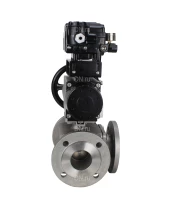 Кран шаровой DN.ru BV3232P(4pc)-FP-3WL-F Ду100 Ру16 полнопроходной трехходовой, фланцевый, корпус - нержавеющая сталь SS316, с пневмоприводом DN.ru PA-DA-105-1 двойного действия и пневмопозиционером YT-1000RSN без обратной связи