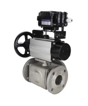Кран шаровой DN.ru BV3232P(4pc)-FP-3WL-F Ду100 Ру16 полнопроходной трехходовой, фланцевый, корпус - нержавеющая сталь SS316, с пневмоприводом DN.ru PA-DA-105-1 двойного действия и пневмопозиционером YT-1000RSN без обратной связи