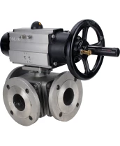 Кран шаровой DN.ru BV3232P(4pc)-FP-3WL-F Ду100 Ру16 полнопроходной трехходовой, фланцевый, корпус - нержавеющая сталь SS316, с пневмоприводом DN.ru PA-DA-105-1 двойного действия