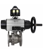Кран шаровой DN.ru BV3232P(2pc)-FP-F-ISO-H Ду100 Ру16, полнопроходной фланцевый, нержавеющая сталь SS316, уплотнение - PTFE, с пневмоприводом PA-DA-105-1 двойного действия, с пневмораспределителем 4M310-08 220В, с БКВ APL-510N EX