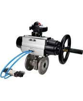 Кран шаровой DN.ru BV3232P(2pc)-FP-F-ISO-H Ду100 Ру16, полнопроходной фланцевый, нержавеющая сталь SS316, уплотнение - PTFE, с пневмоприводом PA-DA-105-1 двойного действия, с пневмораспределителем 4V320-08 220В, с БКВ APL-210N