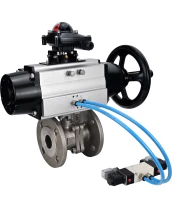 Кран шаровой DN.ru BV3232P(2pc)-FP-F-ISO-H Ду100 Ру16, полнопроходной фланцевый, нержавеющая сталь SS316, уплотнение - PTFE, с пневмоприводом PA-DA-105-1 двойного действия, с пневмораспределителем 4V320-10 220В, с БКВ APL-210N