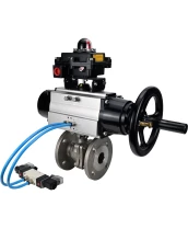 Кран шаровой DN.ru BV3232P(2pc)-FP-F-ISO-H Ду100 Ру16, полнопроходной фланцевый, нержавеющая сталь SS316, уплотнение - PTFE, с пневмоприводом PA-DA-105-1 двойного действия, с пневмораспределителем 4V320-08 220В, с БКВ APL-410N EX