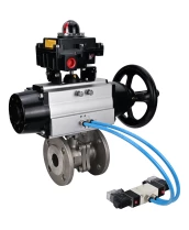 Кран шаровой DN.ru BV3232P(2pc)-FP-F-ISO-H Ду100 Ру16, полнопроходной фланцевый, нержавеющая сталь SS316, уплотнение - PTFE, с пневмоприводом PA-DA-105-1 двойного действия, с пневмораспределителем 4V320-10 220В, с БКВ APL-410N EX