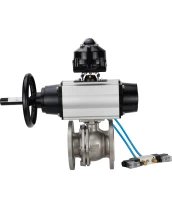 Кран шаровой DN.ru BV3232P(2pc)-FP-F-ISO-H Ду100 Ру16, полнопроходной фланцевый, нержавеющая сталь SS316, уплотнение - PTFE, с пневмоприводом PA-DA-105-1 двойного действия, с пневмораспределителем 4V320-10 220В, с БКВ APL-510N EX