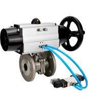 Кран шаровой DN.ru BV3232P(2pc)-FP-F-ISO-H Ду100 Ру16, полнопроходной фланцевый, нержавеющая сталь SS316, уплотнение - PTFE, с пневмоприводом PA-DA-105-1 двойного действия, с пневмораспределителем 4V320-10 220В