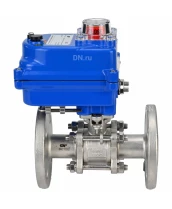 Кран шаровой DN.ru BV3131P(3pc)-FP-F-ISO-H Ду15 Ру40 трехсоставной из нержавеющей стали SS304, фланцевый, уплотнение - PTFE, полнопроходной с электроприводом DN.ru QT-N-003EM-O1-220VAC-У1 blue