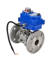 Кран шаровой DN.ru BV3131P(3pc)-FP-F-ISO-H Ду25 Ру40 трехсоставной из нержавеющей стали SS304, фланцевый, уплотнение - PTFE, полнопроходной с электроприводом DN.ru QT-N-003EM-O1-24VDC-У1 blue