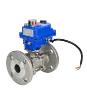 Кран шаровой DN.ru BV3131P(3pc)-FP-F-ISO-H Ду25 Ру40 трехсоставной из нержавеющей стали SS304, фланцевый, уплотнение - PTFE, полнопроходной с электроприводом DN.ru QT-N-003EM-O1-24VDC-У1 blue