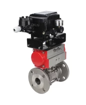 Кран шаровой DN.ru BV3131P(3pc)-FP-F-ISO-H Ду100 Ру16, трехсоставной полнопроходной фланцевый, нержавеющая сталь SS304, PTFE, с пневмоприводом PA-SA-160 с возвратными пружинами и с электропневматическим поворотным позиционером YT-1000RSN с обратной связью