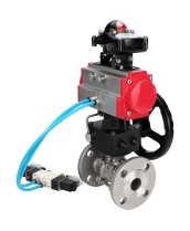Кран шаровой DN.ru BV3131P(3pc)-FP-F-ISO-H Ду100 Ру16, трехсоставной полнопроходной фланцевый, нержавеющая сталь SS304, PTFE, с пневмоприводом PA-DA-130, с пневмораспределителем 4V320-08 220В, с БКВ APL-210N, ручным дублером MON3-700-T38-ISO
