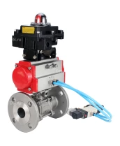 Кран шаровой DN.ru BV3131P(3pc)-FP-F-ISO-H Ду100 Ру16, трехсоставной полнопроходной фланцевый, нержавеющая сталь SS304, уплотнение - PTFE, с пневмоприводом PA-DA-130 двойного действия, с пневмораспределителем 4V320-08 220В, с БКВ APL-410N EX