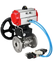 Кран шаровой DN.ru BV3131P(3pc)-FP-F-ISO-H Ду100 Ру16, трехсоставной полнопроходной фланцевый, нержавеющая сталь SS304, уплотнение - PTFE, с пневмоприводом PA-DA-130, с пневмораспределителем 4V320-08 220В, с ручным дублером MON3-700-T38-ISO