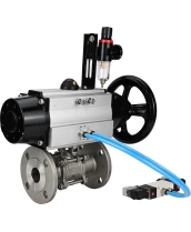 Кран шаровой DN.ru BV3131P(3pc)-FP-F-ISO-H Ду65 Ру25, трехсоставной полнопроходной фланцевый, нержавеющая сталь SS304, уплотнение - PTFE, с пневмоприводом PA-DA-105-1 двойного действия, с пневмораспределителем 4V320-08 220В, с БПВ AFC2000