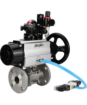 Кран шаровой DN.ru BV3131P(3pc)-FP-F-ISO-H Ду65 Ру25, трехсоставной полнопроходной фланцевый, нержавеющая сталь SS304, уплотнение - PTFE, с пневмоприводом PA-DA-105-1 двойного действия, с пневмораспределителем 4V320-08 220В, с БКВ APL-210N, с БПВ AFC2000