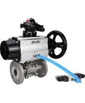 Кран шаровой DN.ru BV3131P(3pc)-FP-F-ISO-H Ду65 Ру25, трехсоставной полнопроходной фланцевый, нержавеющая сталь SS304, уплотнение - PTFE, с пневмоприводом PA-DA-105-1 двойного действия, с пневмораспределителем 4V320-08 220В, с БКВ APL-210N