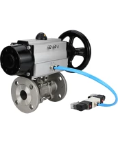 Кран шаровой DN.ru BV3131P(3pc)-FP-F-ISO-H Ду65 Ру25, трехсоставной полнопроходной фланцевый, нержавеющая сталь SS304, уплотнение - PTFE, с пневмоприводом PA-DA-105-1 двойного действия, с пневмораспределителем 4V320-08 220В