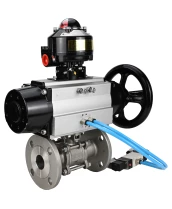 Кран шаровой DN.ru BV3131P(3pc)-FP-F-ISO-H Ду65 Ру25, трехсоставной полнопроходной фланцевый, нержавеющая сталь SS304, уплотнение - PTFE, с пневмоприводом PA-DA-105-1 двойного действия, с пневмораспределителем 4V320-10 220В, с БКВ APL-510N EX
