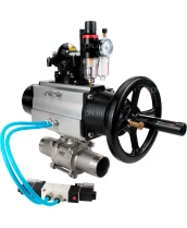 Кран шаровой DN.ru BV3232P(3pc)-FP-W-ISO-H LONG Ду80 Ру25, полнопроходной, трехсоставной, нержавеющая сталь 316, уплотнение - PTFE, под приварку, с пневмоприводом PA-DA-105-1, с пневмораспределителем 4V320-08 220В, БКВ APL-210N, БПВ AFC2000