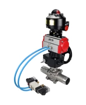 Кран шаровой DN.ru BV3232P(3pc)-FP-W-ISO-H LONG Ду10 Ру63, полнопроходной, нержавеющая сталь 316, уплотнение - PTFE, под приварку, с пневмоприводом PA-DA-052, с пневмораспределителем 4V320-08 220В, БКВ APL-510N Ex, ручным дублером MON1-250-T26-ISO