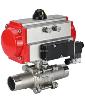 Кран шаровой DN.ru BV3232P(3pc)-FP-W-ISO-H LONG Ду10 Ру63 полнопроходной, корпус - нержавеющая сталь 316, уплотнение - PTFE, под приварку, с пневмоприводом DN.ru PA-SA-052 и пневмораспределителем 4M310-08 24В
