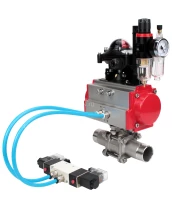 Кран шаровой DN.ru BV3232P(3pc)-FP-W-ISO-H LONG Ду10 Ру63 полнопроходной, корпус - нержавеющая сталь 316, уплотнение - PTFE, под приварку, с пневмоприводом DN.ru PA-SA-052, пневмораспределителем 4V320-08 220В, БКВ APL-210N и БПВ AFC2000