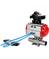 Кран шаровой DN.ru BV3232P(3pc)-FP-W-ISO-H LONG Ду10 Ру63 полнопроходной, корпус - нержавеющая сталь 316, уплотнение - PTFE, под приварку, с пневмоприводом DN.ru PA-SA-052, пневмораспределителем 4V320-10 220В и БКВ APL-210N