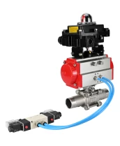 Кран шаровой DN.ru BV3232P(3pc)-FP-W-ISO-H LONG Ду10 Ру63 полнопроходной, корпус - нержавеющая сталь 316, уплотнение - PTFE, под приварку, с пневмоприводом DN.ru PA-SA-052, пневмораспределителем 4V320-08 220В и БКВ APL-410N EX