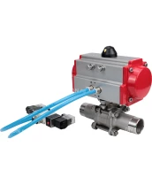 Кран шаровой DN.ru BV3232P(3pc)-FP-W-ISO-H LONG Ду10 Ру63 полнопроходной, корпус - нержавеющая сталь 316, уплотнение - PTFE, под приварку, с пневмоприводом DN.ru PA-SA-052 и пневмораспределителем 4V320-10 220В