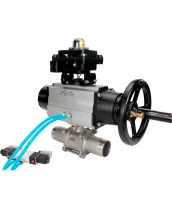Кран шаровой DN.ru BV3232P(3pc)-FP-W-ISO-H LONG Ду100 Ру16, полнопроходной, трехсоставной, нержавеющая сталь 316, уплотнение - PTFE, под приварку, с пневмоприводом PA-DA-105-1, с пневмораспределителем 4V320-08 220В, БКВ APL-410N Ex