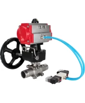 Кран шаровой DN.ru BV3131P(3pc)-FP-W-ISO-H LONG Ду150 Ру16 полнопроходной, корпус - нержавеющая сталь 304, уплотнение - PTFE, под приварку, с пневмоприводом PA-DA-140, пневмораспределителем 4V320-08 220В и редуктором MON4-1200-T54-ISO