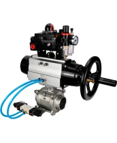 Кран шаровой DN.ru BV3232P(3pc)-FP-W-ISO-H Ду80 Ру25, полнопроходной, трехсоставной, нержавеющая сталь 316, уплотнение - PTFE, под приварку, с пневмоприводом PA-DA-105-1, пневмораспределителем 4V320-08 220В, БКВ APL-410N Ex, БПВ AFC2000