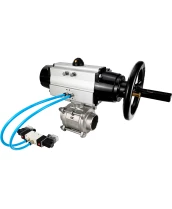 Кран шаровой DN.ru BV3232P(3pc)-FP-W-ISO-H Ду80 Ру25, полнопроходной, трехсоставной, нержавеющая сталь 316, уплотнение - PTFE, под приварку, с пневмоприводом PA-DA-105-1, пневмораспределителем 4V320-08 220В