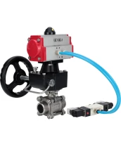 Кран шаровой DN.ru BV3232P(3pc)-FP-W-ISO-H Ду100 Ру25, полнопроходной, трехсоставной, нержавеющая сталь 316, уплотнение - PTFE, под приварку, с пневмоприводом PA-DA-105, пневмораспределителем 4V320-10 220В, ручным дублером MON3-700-T38-ISO