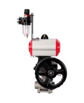 Кран шаровой DN.ru BV3232P(3pc)-FP-W-ISO-H WDVF Ду32 Ру63 полнопроходной, трехсоставной, нержавеющая сталь 316, уплотнение - PTFE, под приварку, с пневмоприводом PA-DA-052, пн.распределителем 4М310-08 24В, ручным дублером MON1-250-T26-ISO, БПВ AFC2000