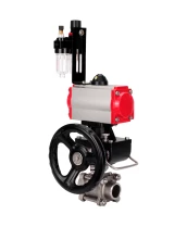 Кран шаровой DN.ru BV3232P(3pc)-FP-W-ISO-H WDVF Ду32 Ру63 полнопроходной, трехсоставной, нержавеющая сталь 316, уплотнение - PTFE, под приварку, с пневмоприводом PA-DA-052, пн.распределителем 4М310-08 24В, ручным дублером MON1-250-T26-ISO, БПВ AFC2000