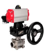 Кран шаровой DN.ru BV3232P(3pc)-FP-W-ISO-H WDVF Ду32 Ру63 полнопроходной, трехсоставной, корпус - нержавеющая сталь 316, уплотнение - PTFE, под приварку, с пневмоприводом PA-DA-052, пневмораспределителем 4М310-08 24В, ручным дублером MON1-250-T26-ISO