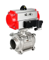 Кран шаровой DN.ru BV3232P(3pc)-FP-W-ISO-H WDVF Ду32 Ру63 полнопроходной, трехсоставной, корпус - нержавеющая сталь 316, уплотнение - PTFE, под приварку, с пневмоприводом PA-DA-052, пневмораспределителем 4М310-08 24В