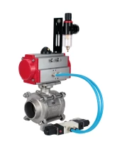 Кран шаровой DN.ru BV3232P(3pc)-FP-W-ISO-H WDVF Ду15 Ру63 полнопроходной, трехсоставной, корпус - нержавеющая сталь 316, уплотнение - PTFE, под приварку, с пневмоприводом PA-SA-065, пневмораспределителем 4V320-08 220В, БПВ AFC2000