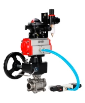 Кран шаровой DN.ru BV3232P(3pc)-FP-W-ISO-H WDVF Ду40 Ру40 полнопроходной, трехсоставной, нерж. сталь 316, уплотнение - PTFE, под приварку, с пн.приводом PA-DA-065, пн.распределителем 4V320-08 220В, БКВ APL-210N, руч. дублером MON1-250-T26-ISO, БПВ AFC2000