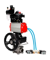 Кран шаровой DN.ru BV3232P(3pc)-FP-W-ISO-H WDVF Ду25 Ру63 полнопроходной, трехсоставной, нерж. сталь 316, уплотнение - PTFE, под приварку, с пн.приводом PA-DA-052, пн.распределителем 4V320-10 220В, БКВ APL-210N, руч. дублером MON1-250-T26-ISO, БПВ AFC2000