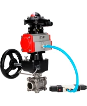 Кран шаровой DN.ru BV3232P(3pc)-FP-W-ISO-H WDVF Ду40 Ру40 полнопроходной, трехсоставной, нержавеющая сталь 316, уплотнение - PTFE, под приварку, с пневмоприводом PA-DA-065, пн.распределителем 4V320-08 220В, БКВ APL-210N, ручным дублером MON1-250-T26-ISO