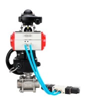 Кран шаровой DN.ru BV3232P(3pc)-FP-W-ISO-H WDVF Ду32 Ру63 полнопроходной, трехсоставной, нержавеющая сталь 316, уплотнение - PTFE, под приварку, с пневмоприводом PA-DA-052, пн.распределителем 4V320-10 220В, БКВ APL-210N, ручным дублером MON1-250-T26-ISO